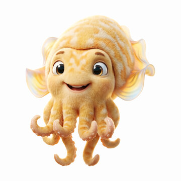Cute yellow ocean squid with large cartoon eyes swimming around happily and peacefully