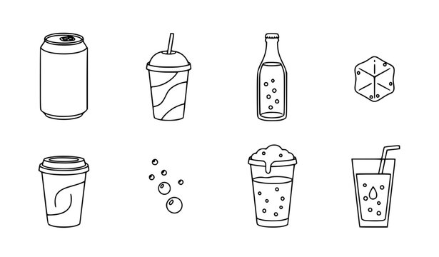 Cold soda outline icon set with soft drinks cans cups and fizzy beverage symbols
