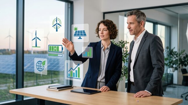 Colleagues discussing renewable energy solutions and solar power statistics with virtual icons in front of window view