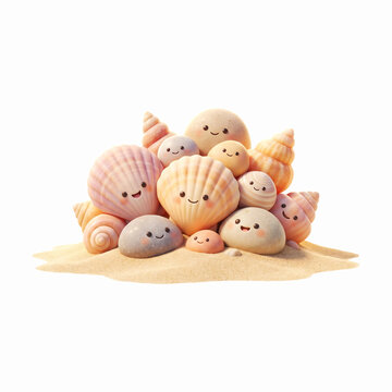 Group of adorable cute smiling seashells resting peacefully together on tropical beach sand