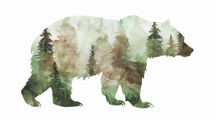 Fototapeta premium Double exposure bear silhouette with pine forest and mountain landscape inside on light background