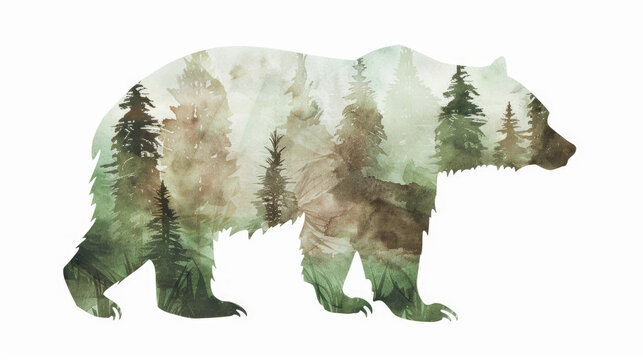 Double exposure bear silhouette with pine forest and mountain landscape inside on light background