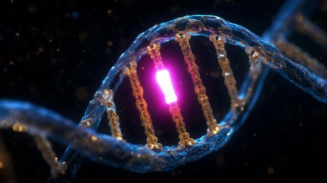 DNA double helix rotating with a glowing blinking marked gene, advanced gene editing and repairing concept, biotechnology scanning and modifying genome CRISPR 3D animation