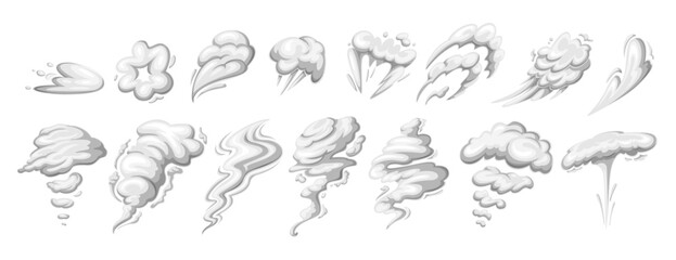 Obraz premium Comic smoke cloud set with cartoon puffs, swirls, speed trails, blast bursts and drifting vapor shapes. Explosion effects, motion overlays and comic smoke elements, vector illustration