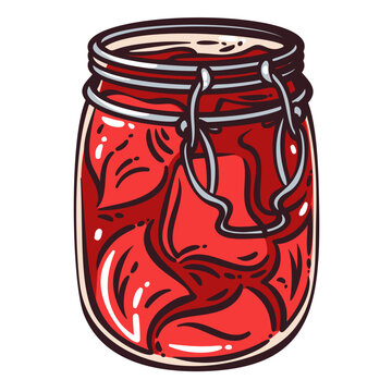 Korean kimchi jar with red fermented cabbage, glass jar, metal clasp and thick ink strokes. Asian food menu with Korean kimchi jar, hand drawn doodle vector illustration