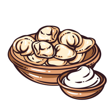 Pelmeni with folded dumplings, sour cream bowl, baked shadows and thick ink strokes. Slavic food menu with Russian pelmeni, hand drawn doodle vector illustration