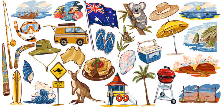 Travel to Australia icon set with australian flag, koala, kangaroo, surfing, beach umbrella, van, fishing rod, coral reef, palm tree, barbecue grill, cooler box, pie, outback signs, coastal landscapes