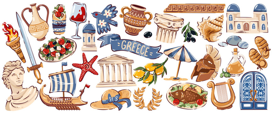 Greece travel cartoon doodle set with ancient architecture, temples, amphorae, Greek food, olives, wine, mythology symbols, ships and coastal elements. Mediterranean style, vector illustration.