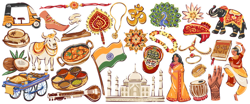 India travel culture icon set with traditional symbols, sari woman, elephant, peacock, Taj Mahal, street food, spices, instruments, jewelry, festival objects, cartoon doodle vector illustration