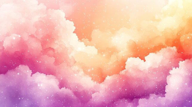 A dreamlike cascade of pastel clouds glowing in sunset hues of pink, purple, and gold