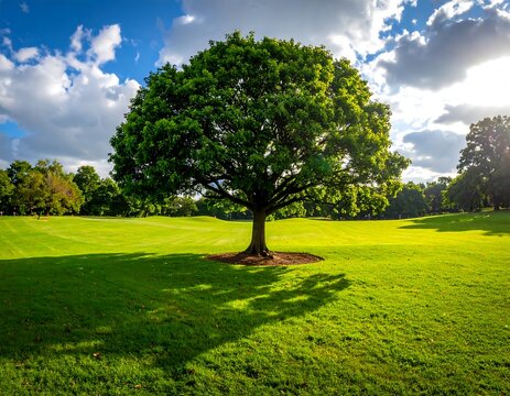 A large tree with lush green leaves stands alone in a vibrant grassy field under a partly cloudy blue sky with sun rays