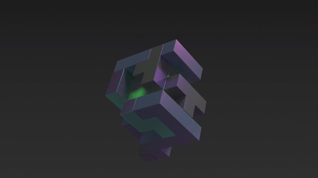 Geometric 3D puzzle pieces connecting to form a larger cube, business solution and teamwork concept.