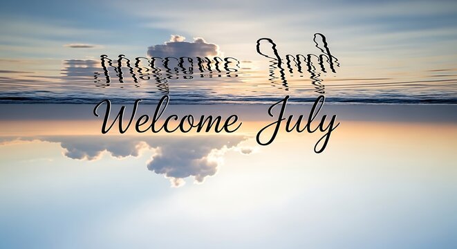 July summer sky with welcome text and serene cloudscape.
