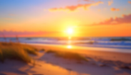 Obraz premium Radiant beach sunset over gentle waves with glowing sky.