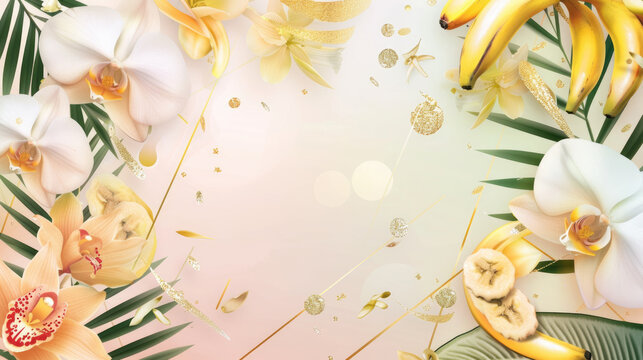 Tropical summer frame design with exotic fruits and flowers on soft textured background with gold geometric border and place for text
