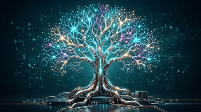 A glowing digital tree with interconnected branches resembling a neural network, symbolizing the fusion of nature and technology.
