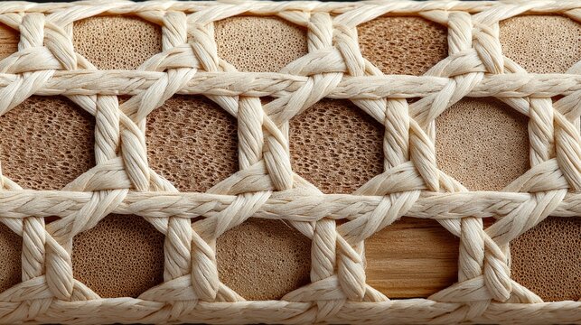 Rattan cane webbing texture, hexagonal hole pattern, light beige natural color, furniture caning background, retro craft style 