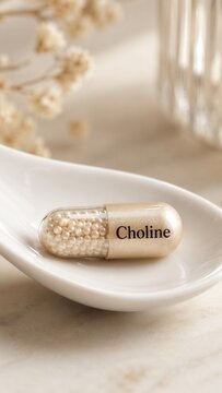 Close-up view of a choline capsule placed on a white spoon beside dried flowers in a soft light setting