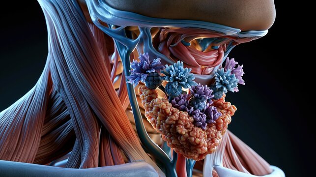 3D cross-section render of human neck revealing thyroid gland internally, layered anatomy showing skin muscle fascia trachea and enlarged thyroid with goiter