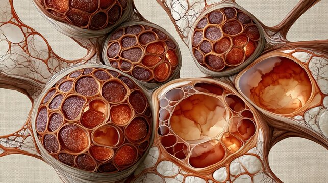 Scientific microscopy-style illustration of thyroid histology slide, follicular epithelial cells in precise detail, colloid pools rendered in translucent amber watercolor tones
