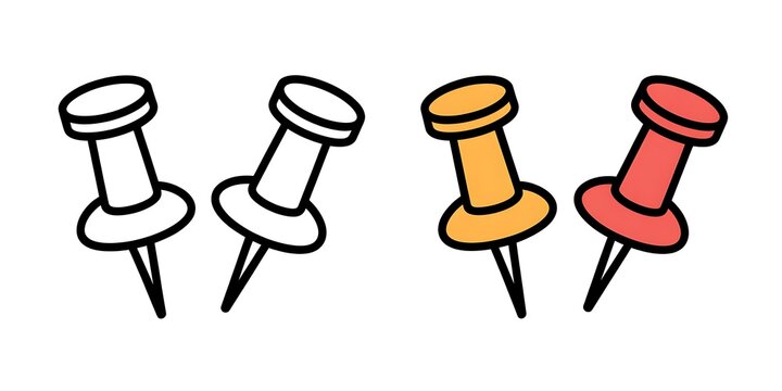 four colorful push pins in a row on white background