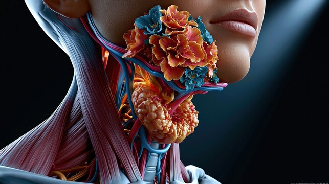 3D cross-section render of human neck revealing thyroid gland internally, layered anatomy showing skin muscle fascia trachea and enlarged thyroid with goiter