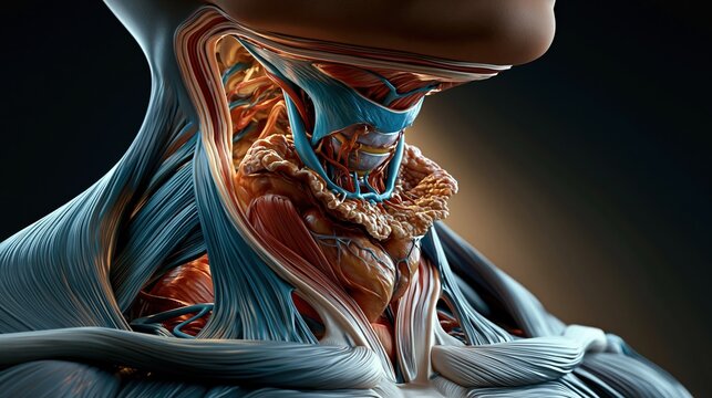 3D cross-section render of human neck revealing thyroid gland internally, layered anatomy showing skin muscle fascia trachea and enlarged thyroid with goiter, subsurface scattering skin materials