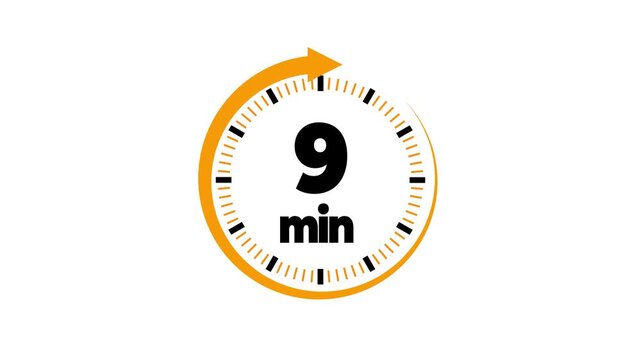 9 minute timer symbol, isolated on transparent white background with alpha channel. 9 min time circle icon .Animation timer icon with 9 min Clock, stopwatch, cooking time label