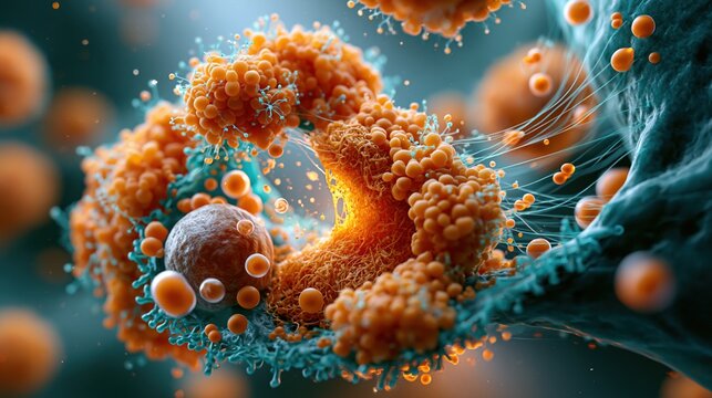 3D render of interior of thyroid follicular cell, organelles in photorealistic detail showing rough endoplasmic reticulum Golgi apparatus secretory vesicles and colloid droplets