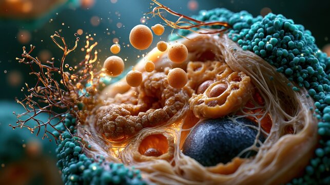 3D render of interior of thyroid follicular cell, organelles in photorealistic detail showing rough endoplasmic reticulum Golgi apparatus secretory vesicles and colloid droplets