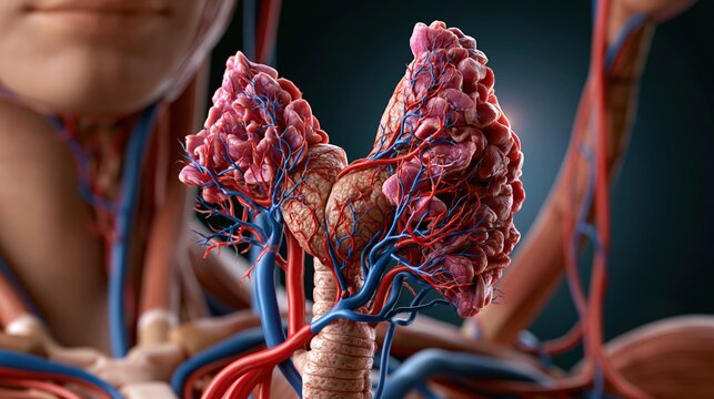 3D render of human thyroid gland with trachea and surrounding neck anatomy, photorealistic tissue materials with subsurface scattering, detailed surface vasculature with red and blue blood vessels