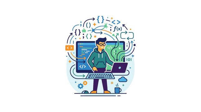 Programmer coding software with abstract technology symbols illustration