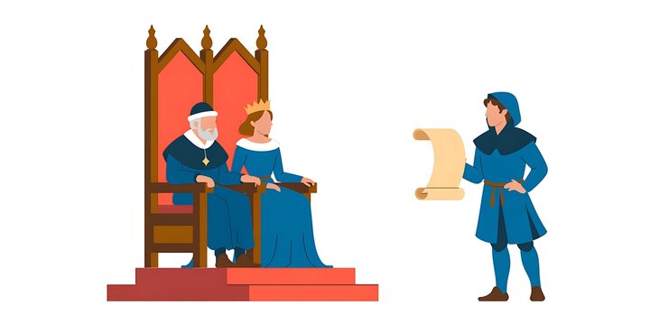 medieval king and queen sitting on throne with royal advisor presenting scroll