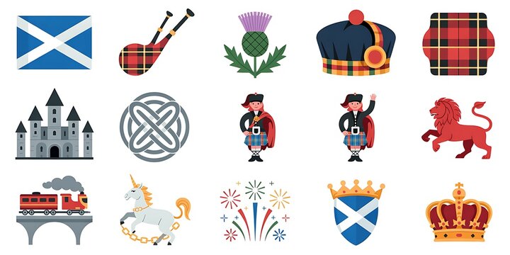 Scottish culture symbols and icons collection including flag tartan lion and unicorn