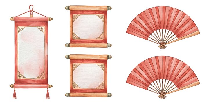 red chinese scrolls and fans with gold decorations on white