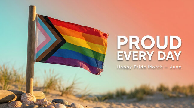 Progress pride flag waving on wooden pole at sandy beach with seashells. Pride Month celebration banner at golden sunset. Pride month web banners. LGBT equality, LGBTQ plus diversity, love conceptual.