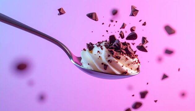 Spoon holding whipped cream topped with chocolate bits against a gradient background