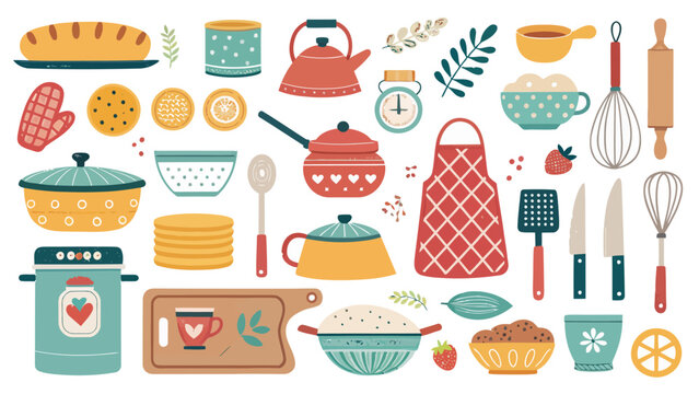 Set of kitchen utensils and baking tools, hand drawn vector illustration of cooking equipment, bread, pots, pans, apron, whisk, rolling pin, and food ingredients