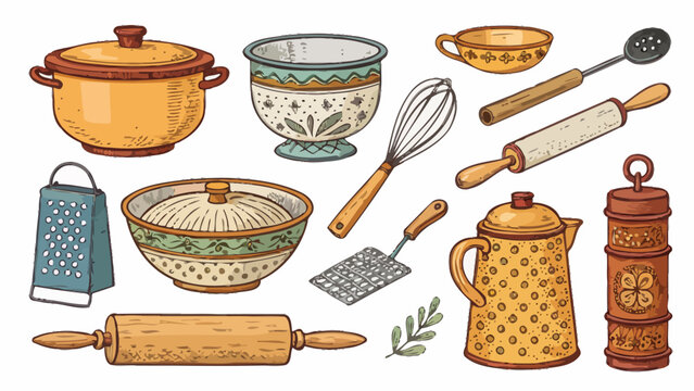Set of vintage kitchen utensils and cookware, handdrawn illustration