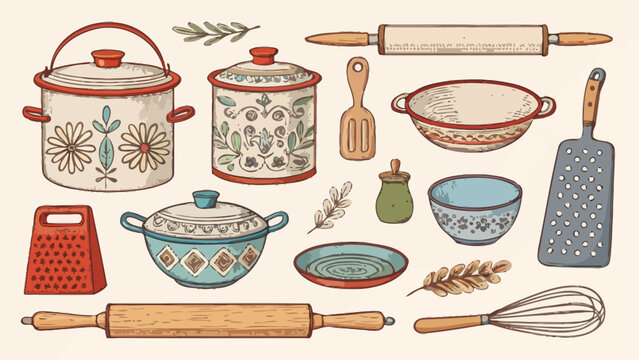Set of vintage kitchen utensils and cookware, handdrawn illustration of pots, pans, rolling pins, graters, and bowls in a rustic farmhouse style