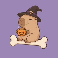 Cute vector illustration of a capybara mascot enjoying a hot pumpkin drink, wearing a witch hat and relaxing on a bone to celebrate Halloween.