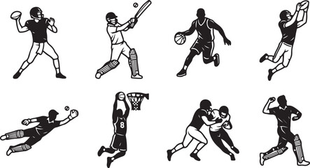 Set of sports player silhouettes engaged in baseball basketball american football and cricket matches actively playing games. © Sadhin