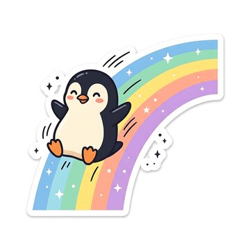 Cute Cartoon Penguin Sliding Down a Rainbow Sticker Illustration