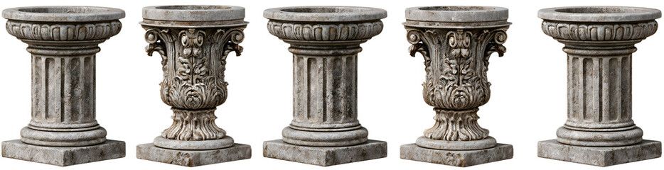 Fototapeta premium Collection of four weathered stone pedestals with ornate carvings isolated on a transparent background
