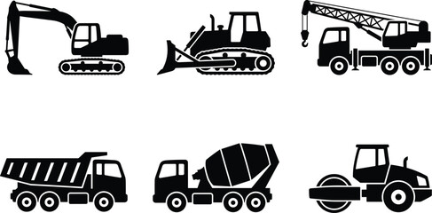 Heavy Construction Equipment and Machinery Silhouette Vector Icon Set Featuring Excavator Bulldozer Crane Truck Dump Truck Cement Mixer and Road Roller © Ashik 