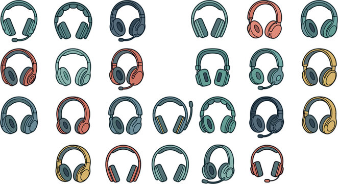Modern Headphones and Gaming Headset Vector Icon Set with Microphone Elements for Audio Technology and Music App DesignsModern Headphones and Gaming Headset Vector Icon Set with Microphone Elements fo