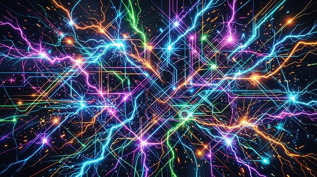 Abstract network of neon energy lines and lightning sparks