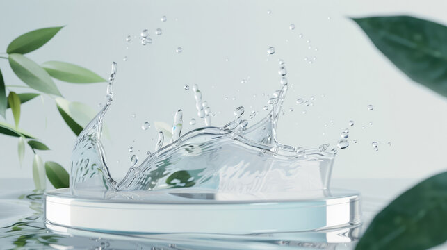 Natural water splash in glass container with green leaves creating fresh cosmetic product display