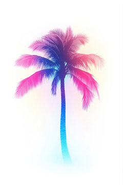 Vibrant neon palm tree with purple and blue glowing effect and glitches isolated on white background