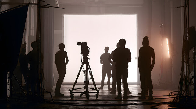 Professional film production studio with camera crew, lighting equipment, and actors on a cinematic set